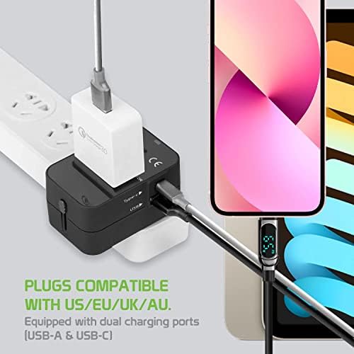 Travel USB Plus Меѓународен адаптер за напојување компатибилен со Samsung Galaxy A3 за светска моќ за 3 уреди USB Typec, USB-A за патување помеѓу