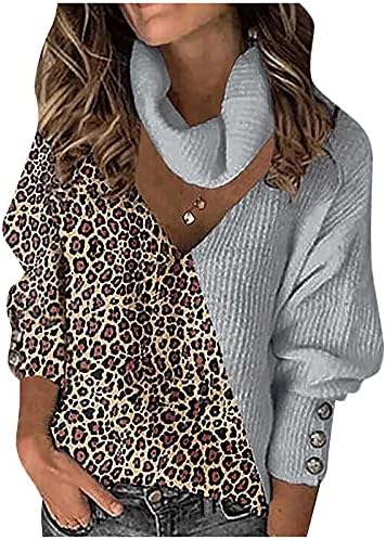 Womenените исечени тешки џемпери леопард крпеница запчан v вратот пулвер ребрести плетени обични врвови со долг ракав