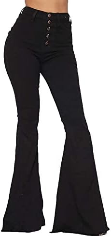 Nyybw женски обичен пламен bellвонче на долниот фармерки со висок пораст опремени панталони ретро широки панталони за панталони за панталони со панталони со џеб