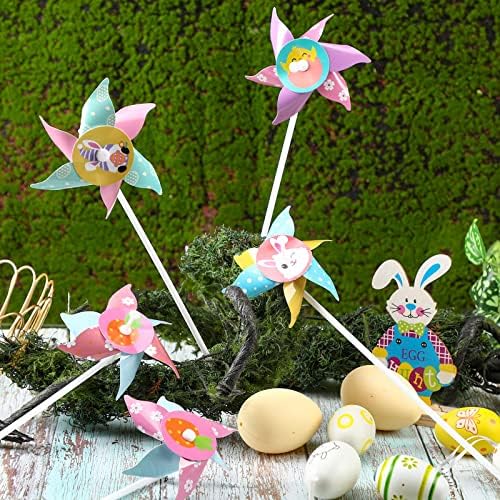 48 пакувања Велигденски пинвили Велигденски DIY хартија Pinwheels за деца со зајаче пилиња овци моркови Велигден јајца Цветни корпи