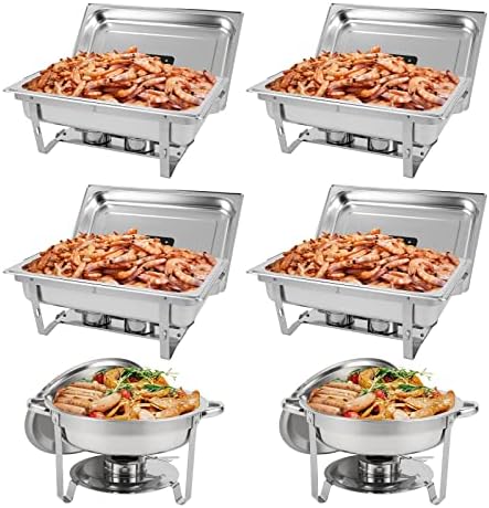 Restlrious Chafing Buffet Buffet Set 6 пакет, не'рѓосувачки челик 5 QT Round & 8 QT правоаголни преклопувачки чафри и затоплувачи на вклучена, поставени, w/целосна големина тава, тава за вод