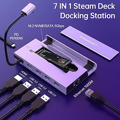 Док на палубата Camgeet Steam Deck, 7-во-1 станица за докинг на палуби со M.2 NVME SSD комплет, HDMI 2.0 4K@60Hz, PD 100W, USB 3.0,