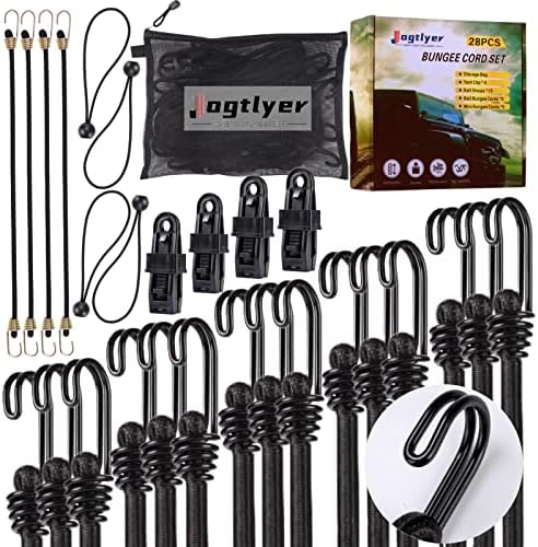Jogtlyer Roll Bungee жици 28 парчиња поставени Heavy Duty10 18 24 36 48 60 пакет со кабелски кабел со куки црни ленти за банџи за автомобил за кампување на отворено