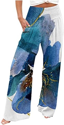 Lcepcy женски памучни ленти со високи половини, печатени еластични директни широки нозе пушани џебови панталони за плажа