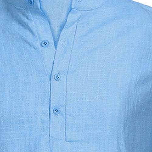 Машки памучни постелнини маички случајни кратки ракави тенок фит гроздобер v копче за вратот нагоре со цврста боја врвови блуза
