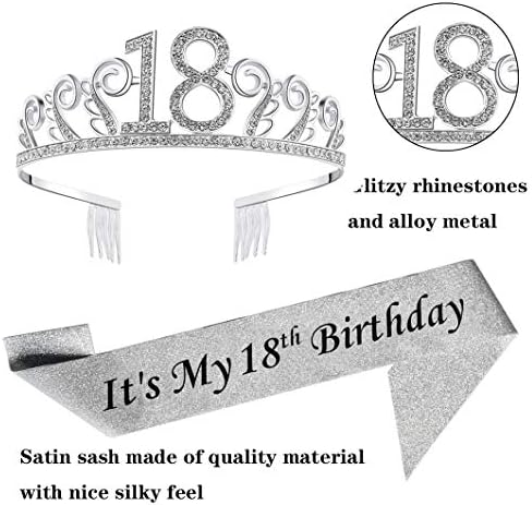 18 -ти сребрен роденден Тијара и сјај на сјајот Сатен Саш и Кристал Ринестон Тијара Круна за среќна 18 -та роденденска забава, фаворизира украси 18 -ти додатоци за роден