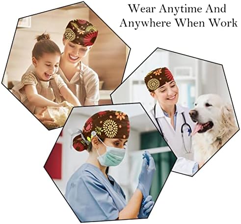 Медицински капаци на Лорвис за жени со копчиња долга коса, 2 парчиња прилагодливо работно капаче, цветни обрасци разнобојно