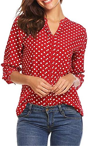 Andongnywell v Women v вратот со шифон шифон со долги ракави кошули со тунични точки печати v вратот на вратот маица Туника блуза