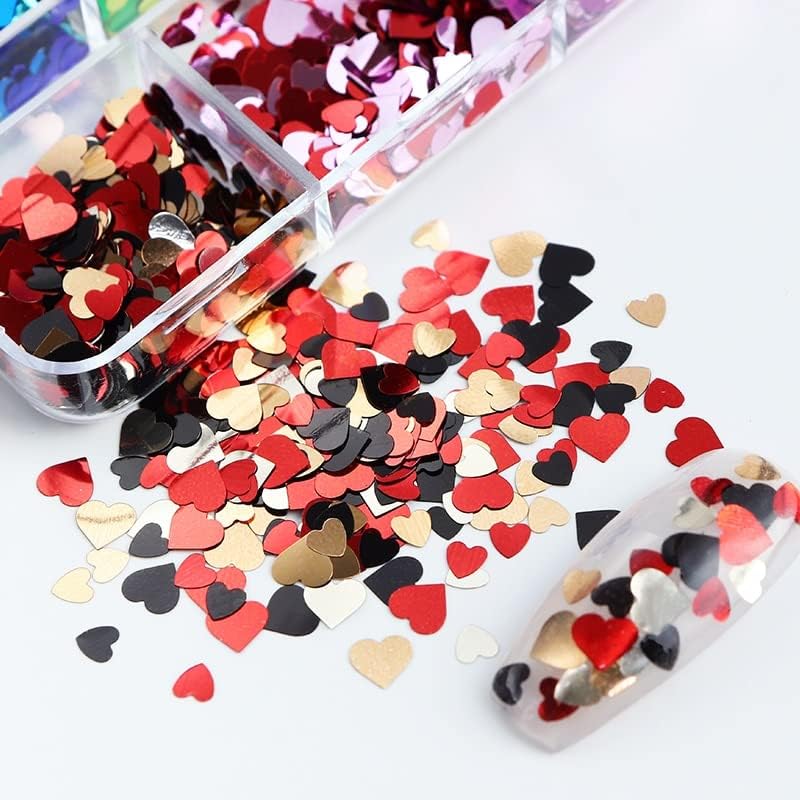 6 мрежи за украси на ноктите, в Valentубовни срца Sequins Sequins Nails додатоци за срцев нокти привлечности француски маникир Сјајни снегулки
