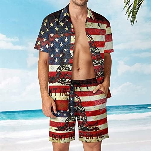 Weedkeycat American Flag Man's Man's Beach Outfits 2 парчиња Хавајско копче надолу со кошула Краток ракав и шорцеви