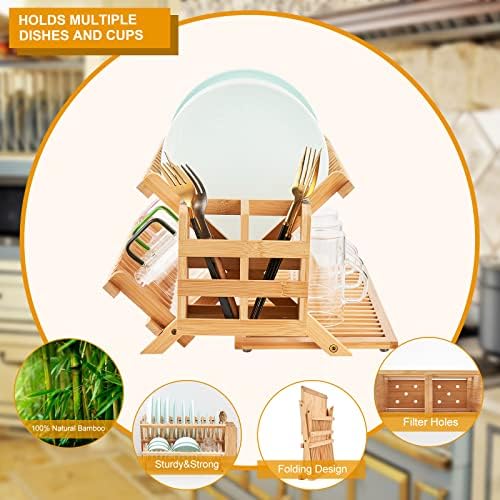 Вредно решетка за сушење на бамбус, бамбусо, 3 нивоа за склопување на садови со држач за прибор, дрвена решетка за сушење на садови за кујнски