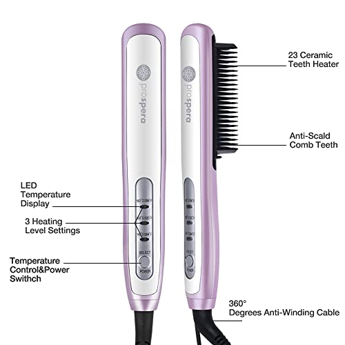 Проспера за коса засилување чешел розова, PTC керамичка коса зацрвстување четка за исправнување на чешел за жени со 3 темпови брзо загревање и анти-скалд
