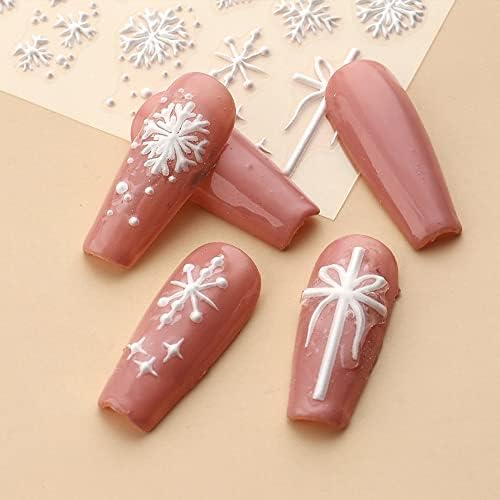 Снегулки налепници за нокти Декларации Божиќ 5Д француски само-лепете втизени акрилни додатоци за нокти 4 чаршафи за бели нокти за нокти дизајн на елени за нокти за