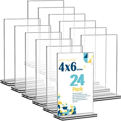 24 пакет Акрилик знак држач 4 x 6 инчи чиста табела на знак на табела, двострана форма на пластична десктоп, држач за приказ на вертикално
