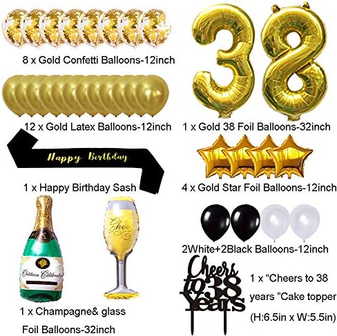 Злато 38-Ми Роденден Украси Комплет, Навива За 38 Години Банер Балони, 38-та Торта Врвот Роденден Појас, Злато Ламба Фолија Раб Завеси,