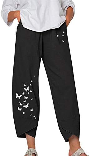 Обични панталони со капри за жени трендовски памучни постелнина панталони гроздобер печати лето палацо хареми панталони со џебови