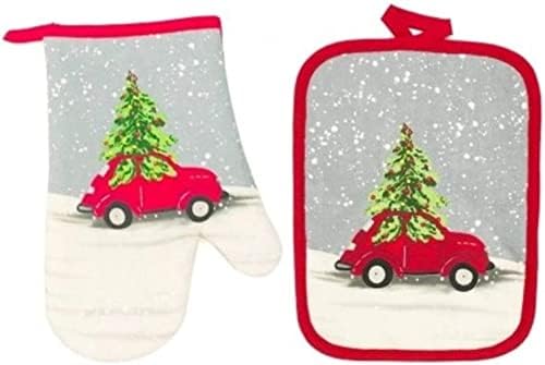 Ретро автомобил Божиќна рерна Мит Пол, сет, црвен празник за кујнски декор, пријатна пакет на држачот за садови за печење за зимска печење