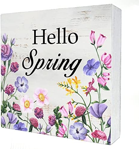 Здраво пролетно дрво кутија знак дома декор рустикален цветен пролет дрвена кутија знак блок плакета за wallидна таблета за декорација на