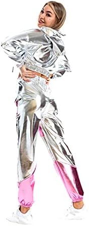 Abafip жени сјајни холограм риви облеки поставени влечење со долги ракави худи култури врвни метални долги панталони танцување облечена