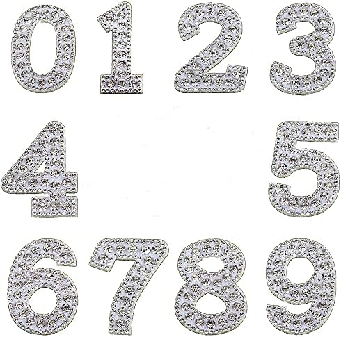 Budin 10 парчиња Број на закрпи само-лепен сјај на налепници на пеглање DIY кристален број лепенка Апликација Jerseyерси капа за украсување кристално бело 1,49x 2.24