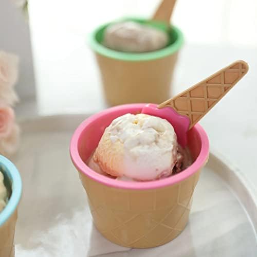 Дома и Hoopla сладолед конус десерт чаши со вафли дизајнирани лажици во разновидни бои, тврда пластика за еднократна употреба 6-8 унца капацитет