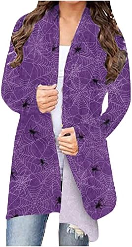 Women'sенски Ноќта на вештерките Кардиган тиква печати Отворен преден капут врвови дами обични долги ракави туники лабави вклопни кардигани