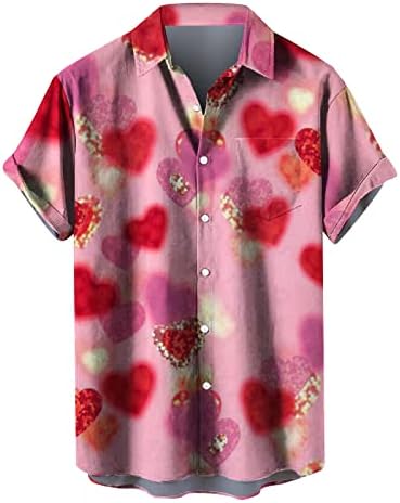 3D Love Heart Graphic кошули за мажи со краток ракав плус големина на врвови мажи лето лабава вклопена обична кошула за Денот на вineубените
