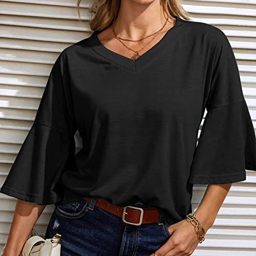 Womenените обичен кратки 1/2 bellвонче ракав против вратот памучен бранч лабав вклопување опуштена фит блуза кошула за девојки лето есен