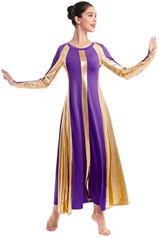 Ибаком жени возрасни метални златни бои во боја со долг ракав пофалби танцувачки фустан лабаво одговара на целосна должина литургиско лирско