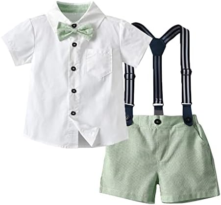 Бебе момче суспендира облека поставена со лак -вратоврска за дете, свадба 4 парчиња облека за кратки ракави за кратки ракави за новороденчиња костуми