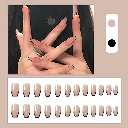 Притиснете На Кратки Нокти, 24 парчиња Лажни Нокти Црни француски Лажни Нокти Ковчег Со Целосна Обвивка Акрилен Стап на Нокти за Жени и Девојки