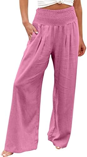 Lcepcy жени со долги широки нозе панталони со високи половини плетени лабави обични панталони лесни летни удобни пакувања со џебови