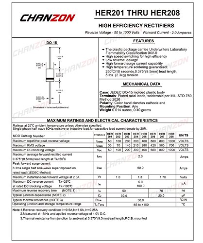 Chanzon HER207 Висока ефикасност на исправувач Диод 2А 800V 50-70NS DO-15 Аксијален 2 засилувач 800 Електронски диоди