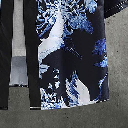 Ubst Јапонски кимоно кардиган за мажи, лабава отворена предна 3/4 ракав бел кран цветниот печатење лесен лесен јакна карневалско знаме starsвезди