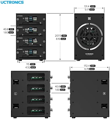 Опсегот на кластерот за десктоп во Uctronic за Raspberry Pi, до 4 малина ПИ и 2,5 SSD, предни отстранливи ленти, вентилатор за ладење со LED