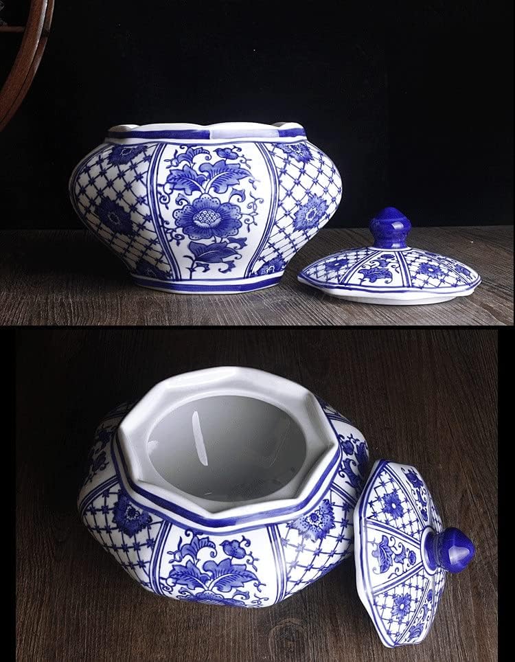 Yfqhdd октагонална тегла сина и бела порцелан на ingингдезен керамички резервоар за складирање декорација чај закуски тегли тегли
