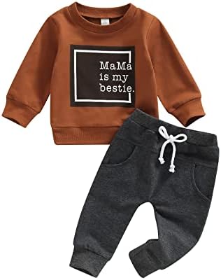 Дете Бебе Момче 2 парчиња Облека Печатење Со Букви Со Долги Ракави Пуловер Со Дуксер Долги Панталони Со Врвки Set Зимска Облека