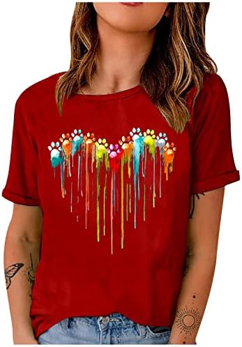 Летни врвови за жени маици со краток ракав, смешни срцеви графити, графити блуза, обични кружни вратови Основни маички