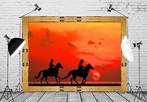 Белеко 10x8ft ткаенина западно каубои позадина диви западни каубои забава силуета на каубојски возејќи див коњ на зајдисонце дрвен знак