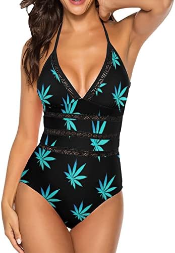 Weed Leaf Womens Едно парче костим за капење V вратот Атлетик облека за капење без костими за капење Танкини