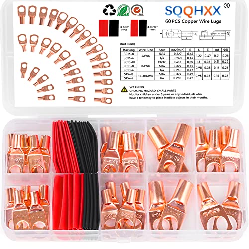 SQQHXX 60PCS бакарна жица, терминални конектори, што се користат на AWG12-10 8 6 кабел, комплет за намалување на топлината, голи бакарни
