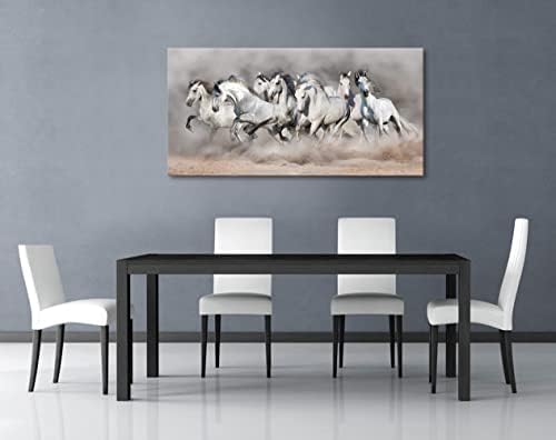 Осум бело трчање со коњи со модерно животно платно уметност за wallидни декор печатени уметнички дела