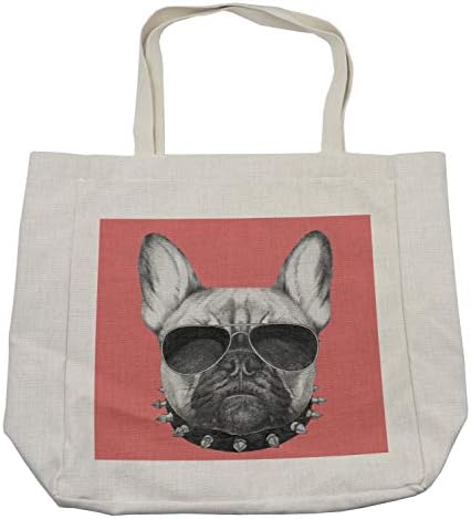 Амбесон Булдог торба за купување, рачен стил на кучиња портрет со јака и очила за сонце на розова позадина, еко-пријателска торба за еднократно