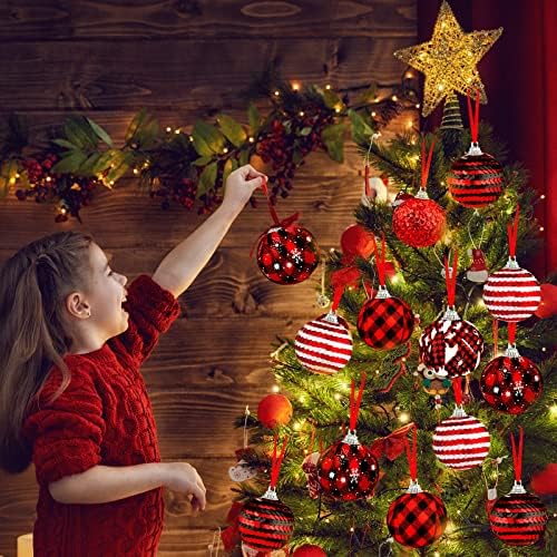 12 парчиња Кристами биволи карирани топки украси украси за новогодишни украси Декоративни карирани топка виси украси Божиќни топки декоративни за Кристас дрво заб
