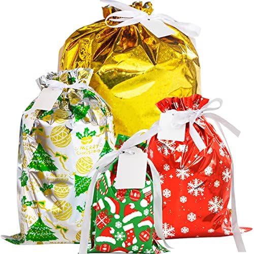 ФЕНСИ Земјиште Божиќни Торби За Подароци Торба За Завиткување Дедо Мраз во 4 Големини и 4 Дизајни 40 парчиња со Панделки И Ознаки