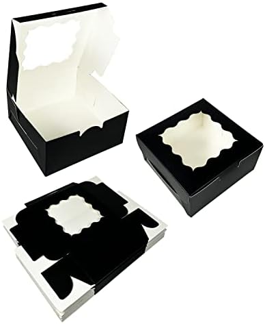 100 парчиња црни кутии за пекари со прозорец 6x6x3 инчи дебели и цврсти кутии за колачиња од макаронски кутии за пекари за пекара