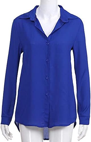 Шифонско копче надолу блузи за жени со долга ракав лапел цврста боја канцеларија V вратот Обични деловни кошули блузи врвови