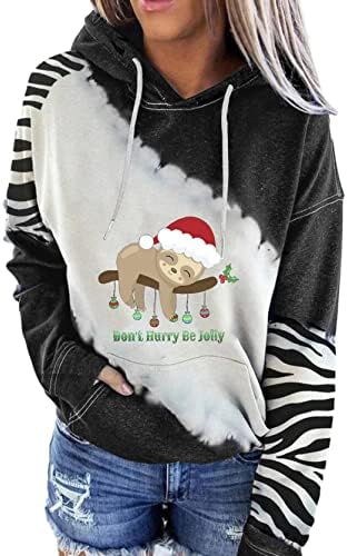Fmchico дуксери за жени пуловер, женски долги ракави во боја блок божиќна печатена маичка со џеб со џеб