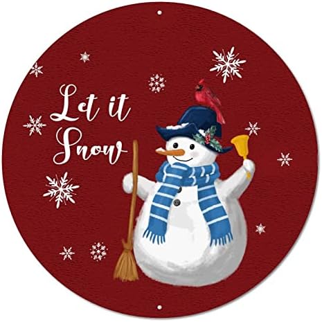 Тркалезен метален знак Среќен Божиќ, оставете го снегот снежен човек, Божиќниот венец, знак метал постер, измешана просторија на вратата