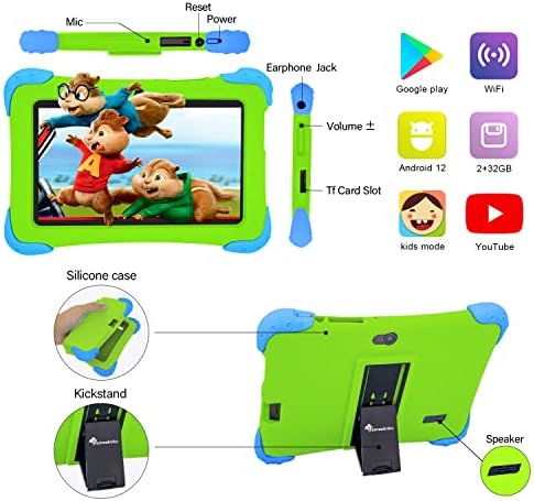 Семеакоко Детски Таблет, Андроид 12 Таблет За Деца За Учење Таблет со 2+32GB ROM, Двојна Камера, WiFi, Bluetooth, Родителска Контрола,